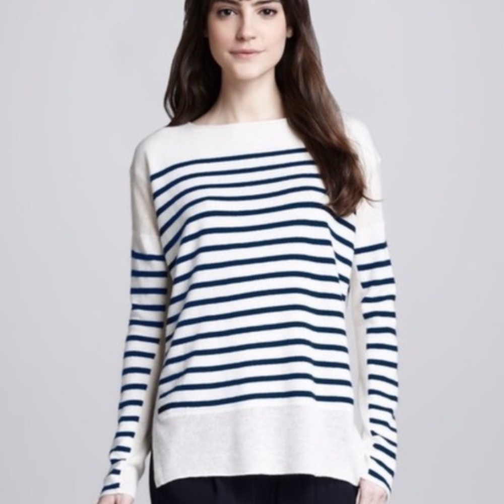Vince 100% Cashmere Breton Boat Neck Striped Sweater - Navy & Off White Size XS